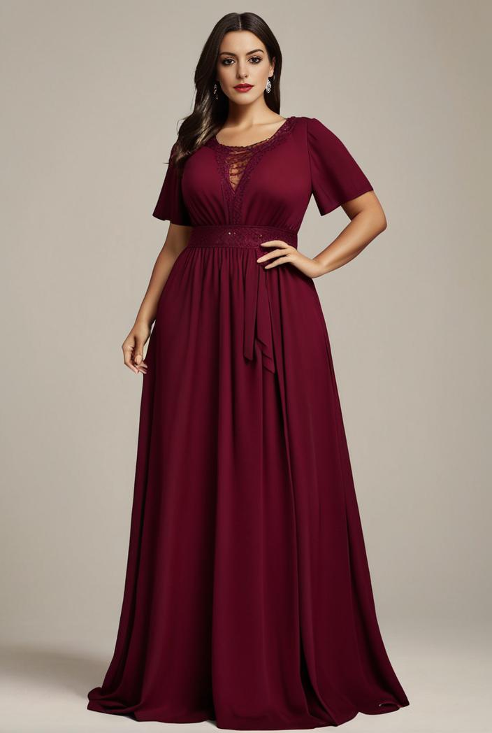 plus size simple chiffon pleated a line round neckline bridesmaid dress 145136