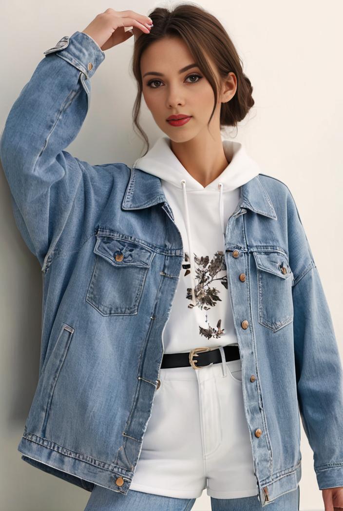 denim coat with flap pockets and lapel casual women s jacket in blue 142139
