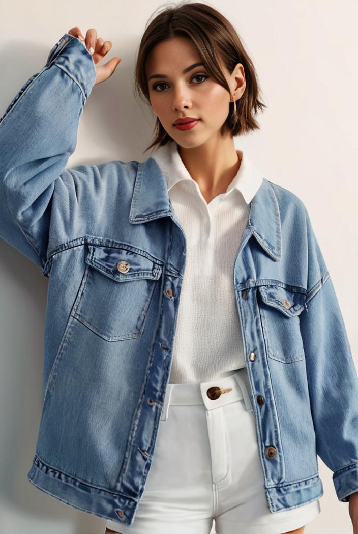 denim coat with flap pockets and lapel casual women s jacket in blue 142143