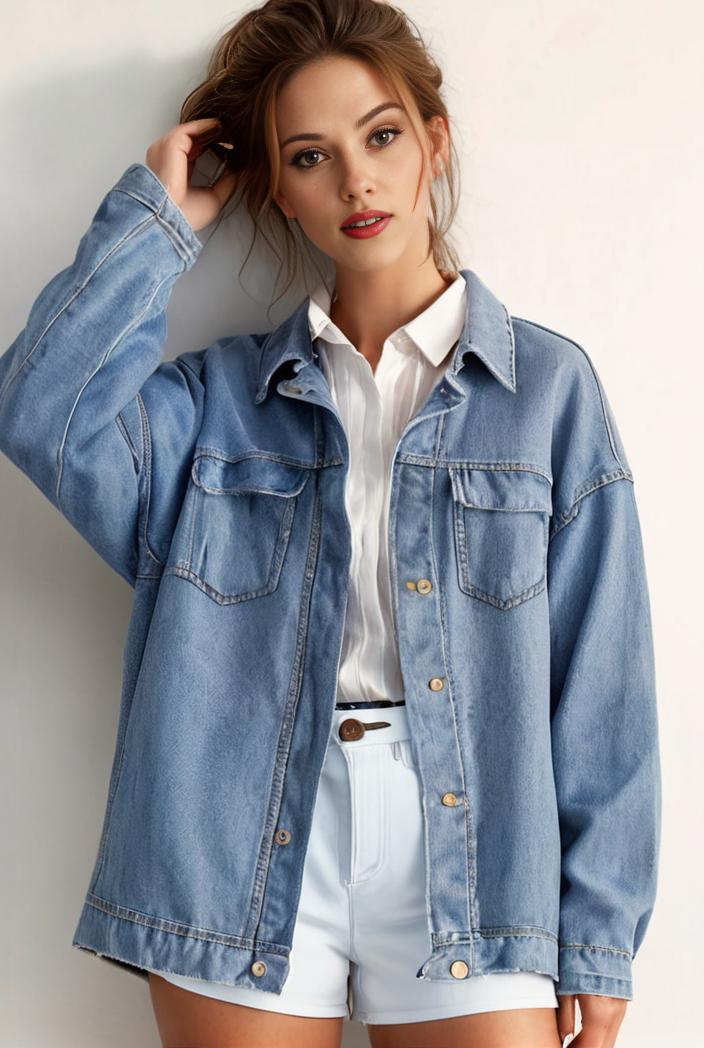 denim coat with flap pockets and lapel casual women s jacket in blue 142151