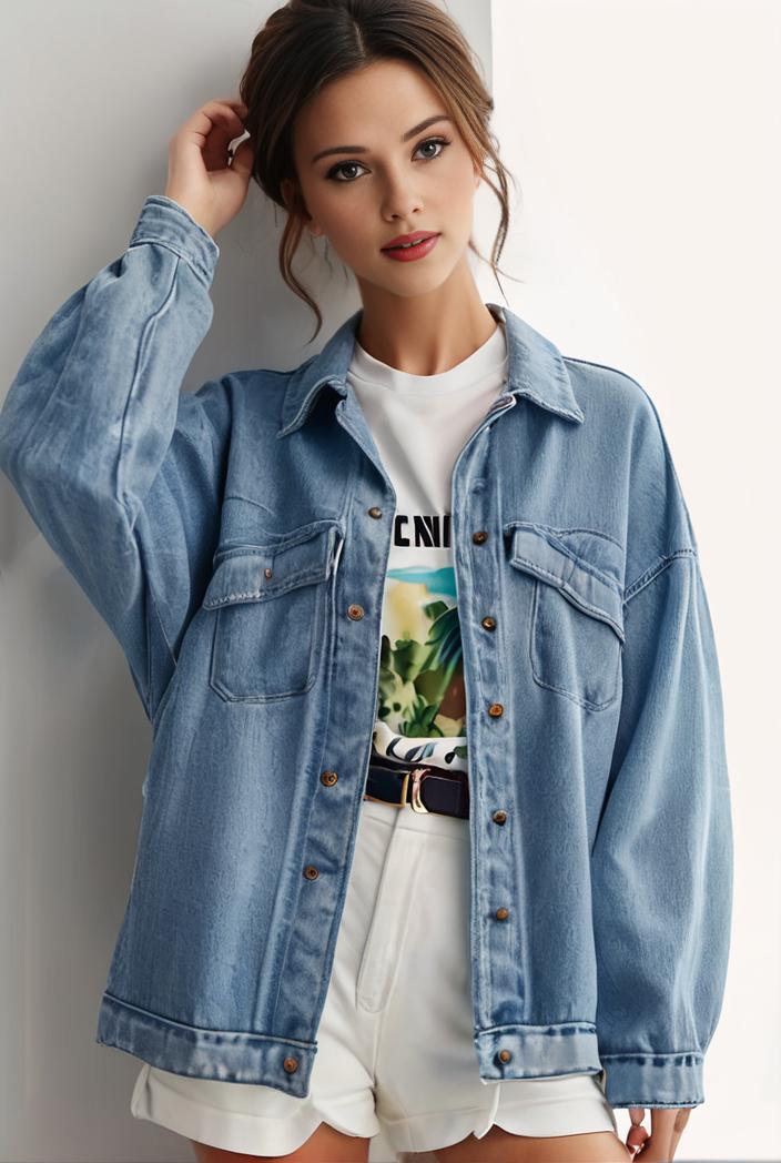 denim coat with flap pockets and lapel casual women s jacket in blue 142153