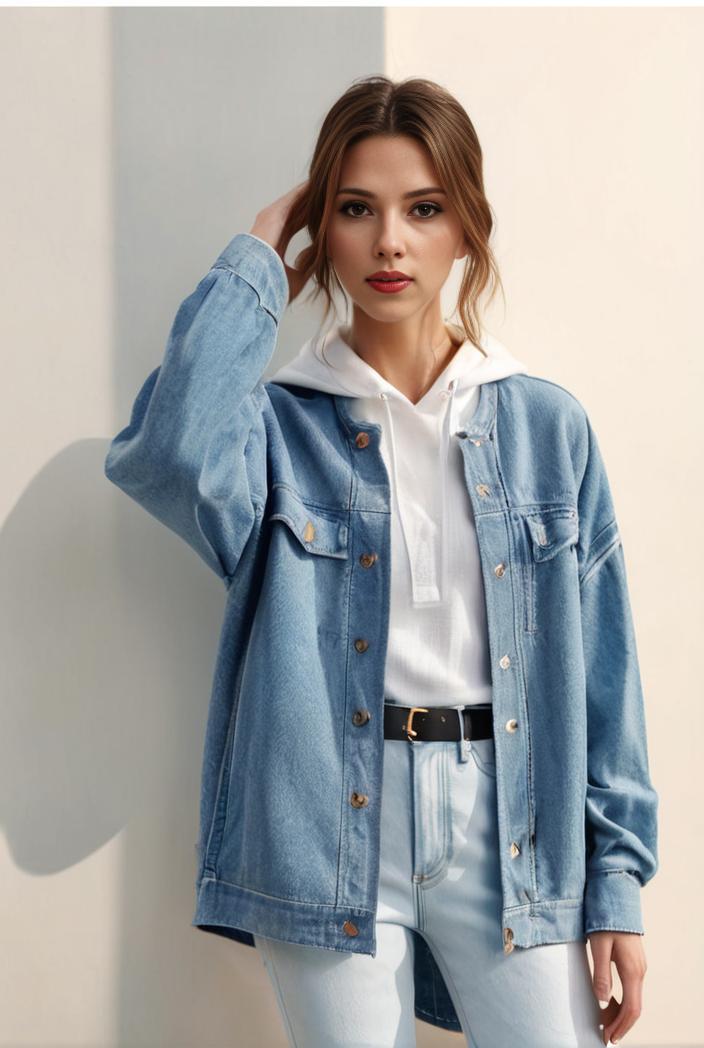 denim coat with flap pockets and lapel casual women s jacket in blue 142155