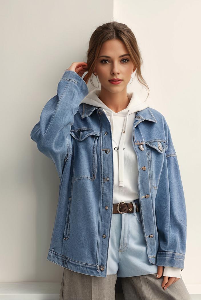 denim coat with flap pockets and lapel casual women s jacket in blue 142157