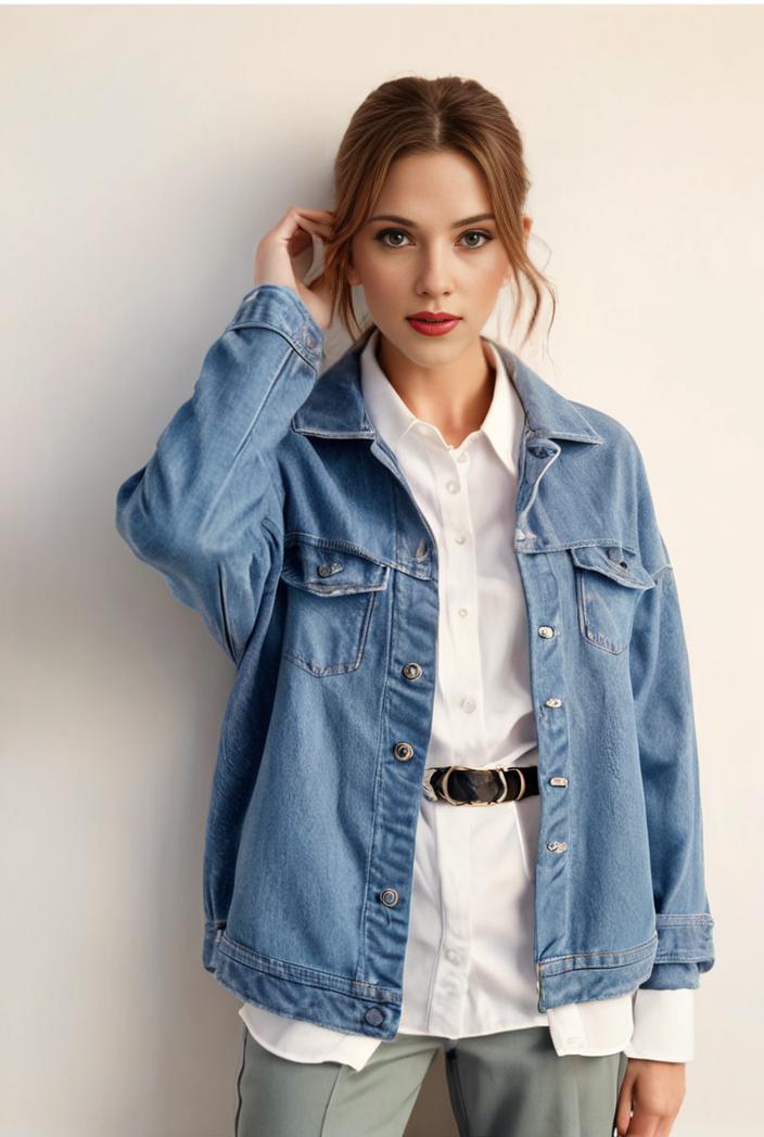 denim coat with flap pockets and lapel casual women s jacket in blue 142158