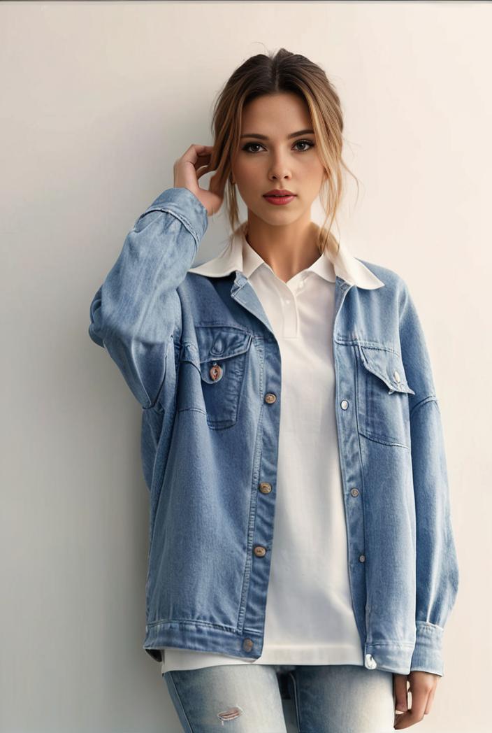 denim coat with flap pockets and lapel casual women s jacket in blue 142159