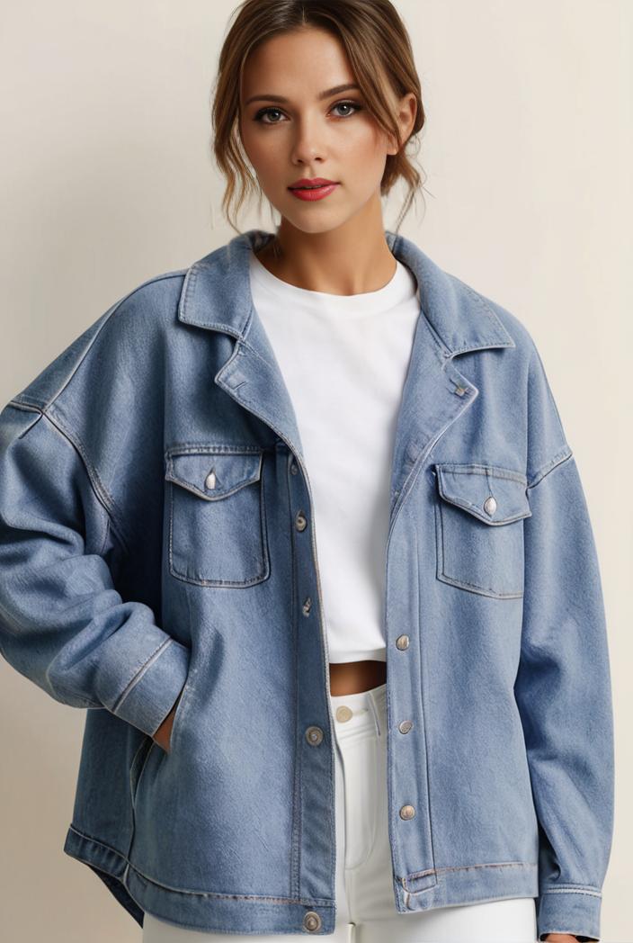denim coat with flap pockets and lapel casual women s jacket in blue 142164