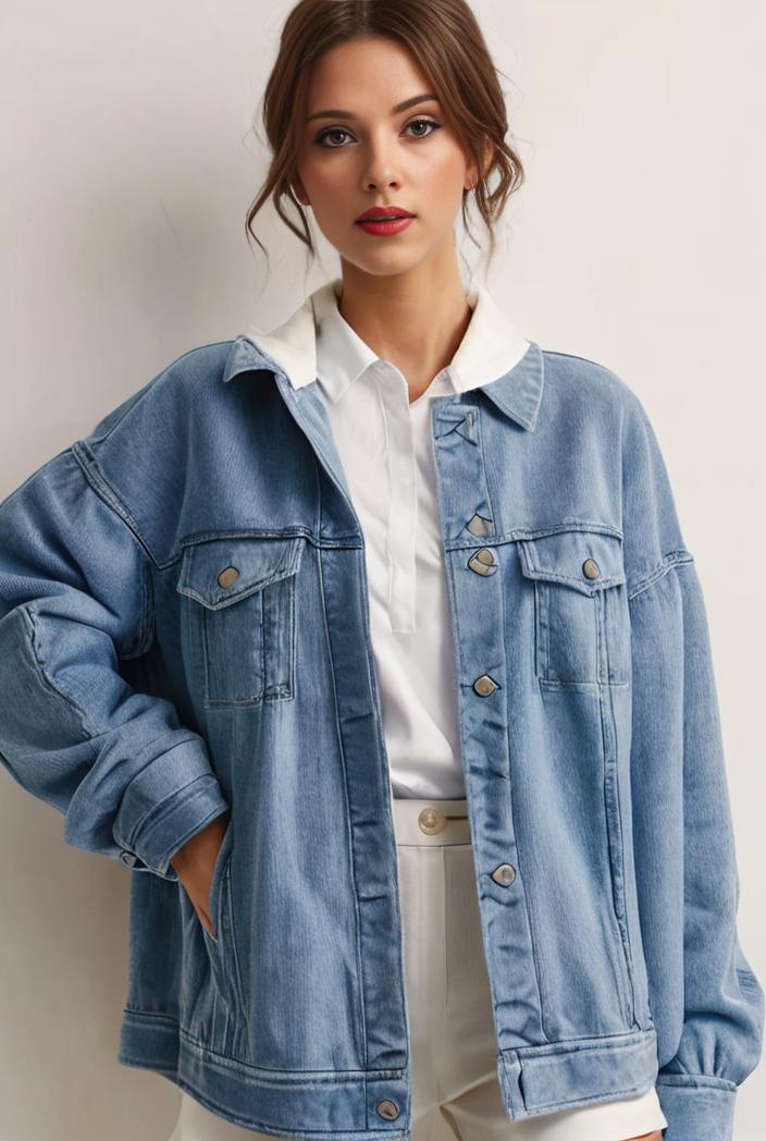 denim coat with flap pockets and lapel casual women s jacket in blue 142162