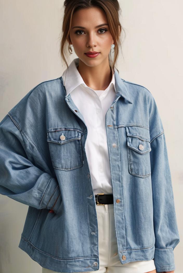 denim coat with flap pockets and lapel casual women s jacket in blue 142167