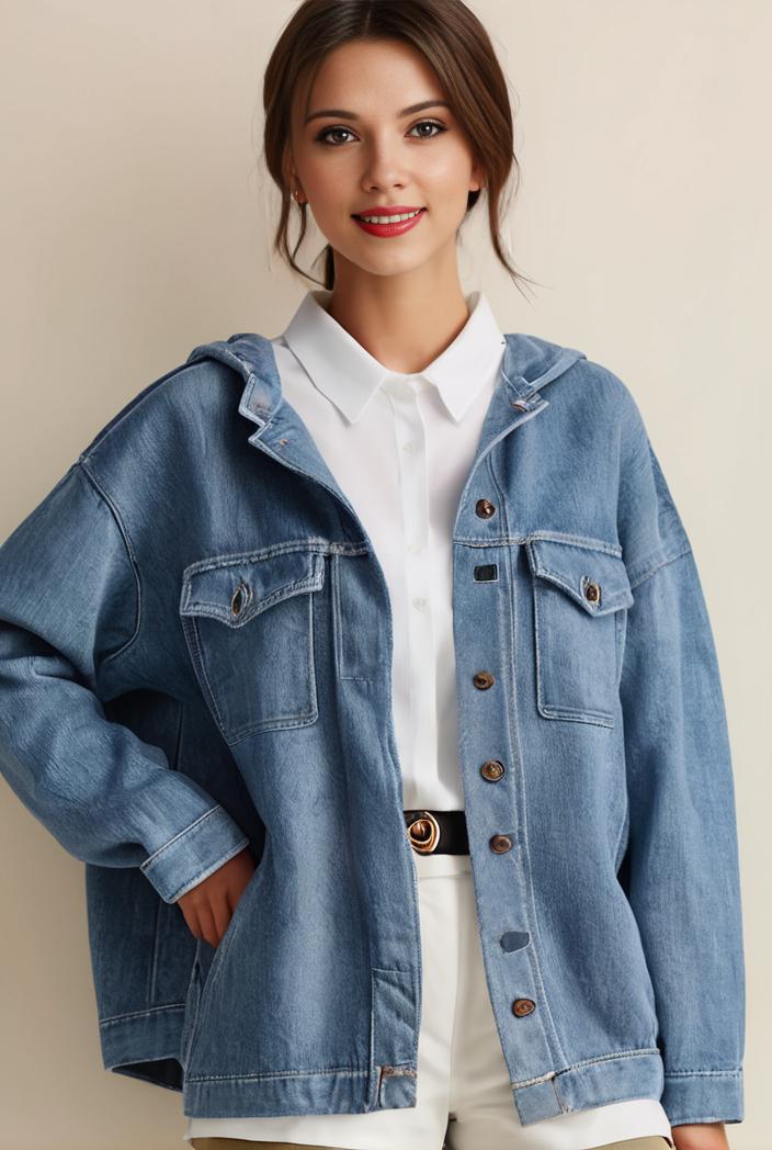 denim coat with flap pockets and lapel casual women s jacket in blue 142168