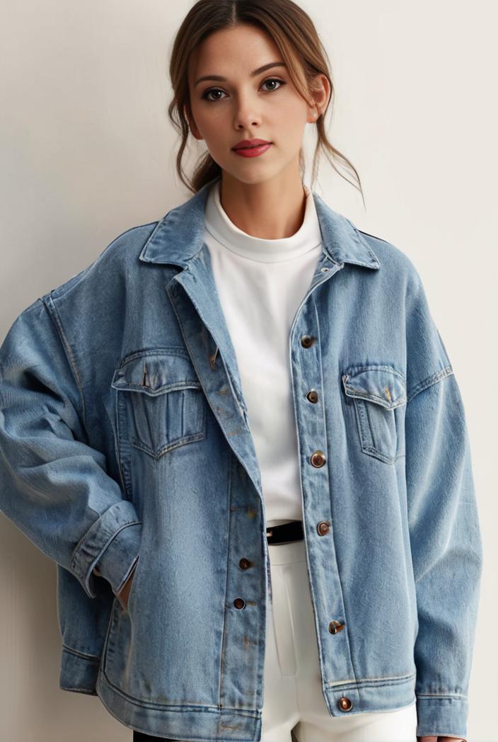 denim coat with flap pockets and lapel casual women s jacket in blue 142169