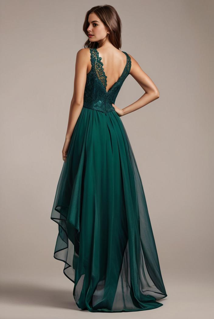 sequin bodice tulle high low evening dress with ribbon waist 146757