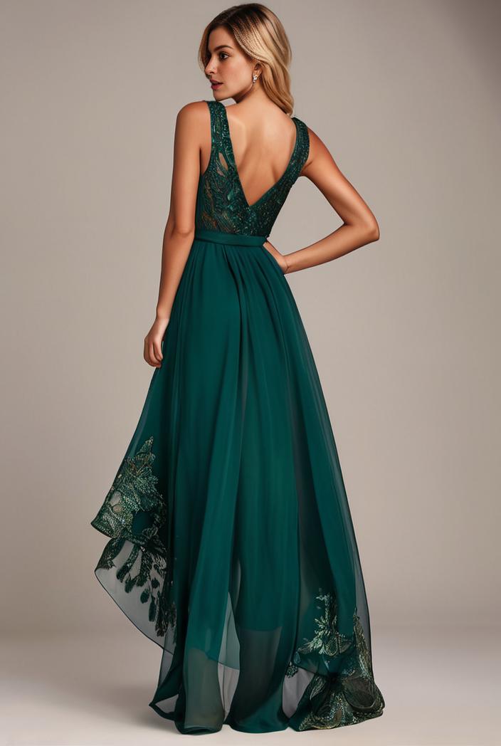 sequin bodice tulle high low evening dress with ribbon waist 146758