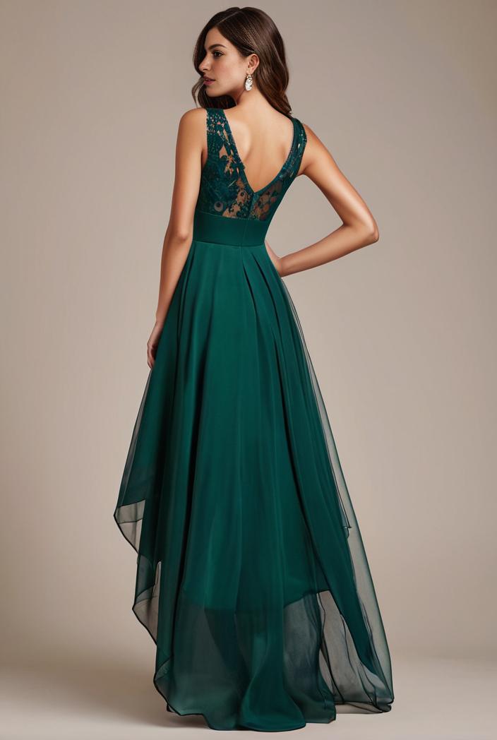 sequin bodice tulle high low evening dress with ribbon waist 146762
