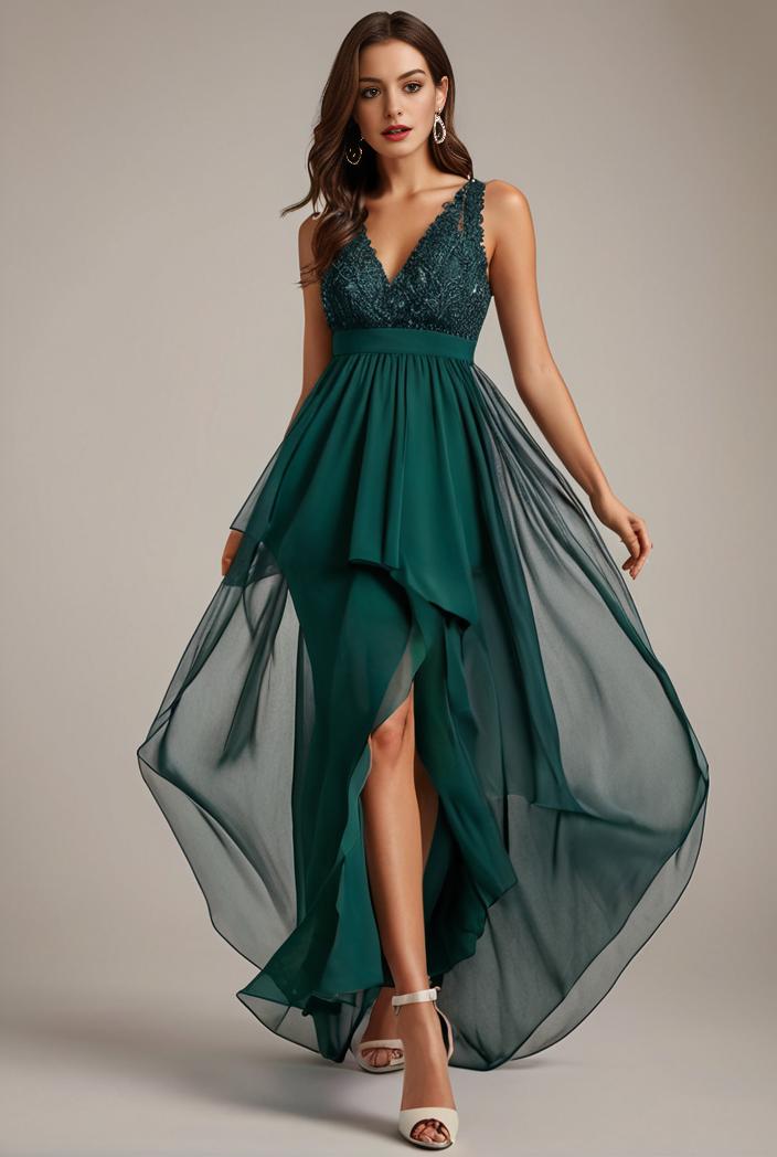 sequin bodice tulle high low evening dress with ribbon waist 146765