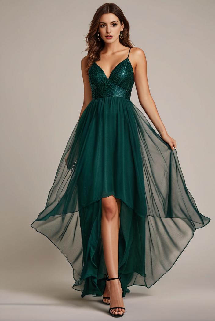 sequin bodice tulle high low evening dress with ribbon waist 146767