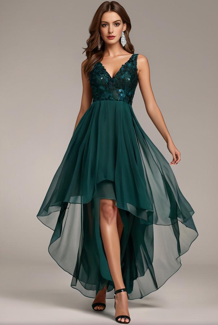 sequin bodice tulle high low evening dress with ribbon waist 146768