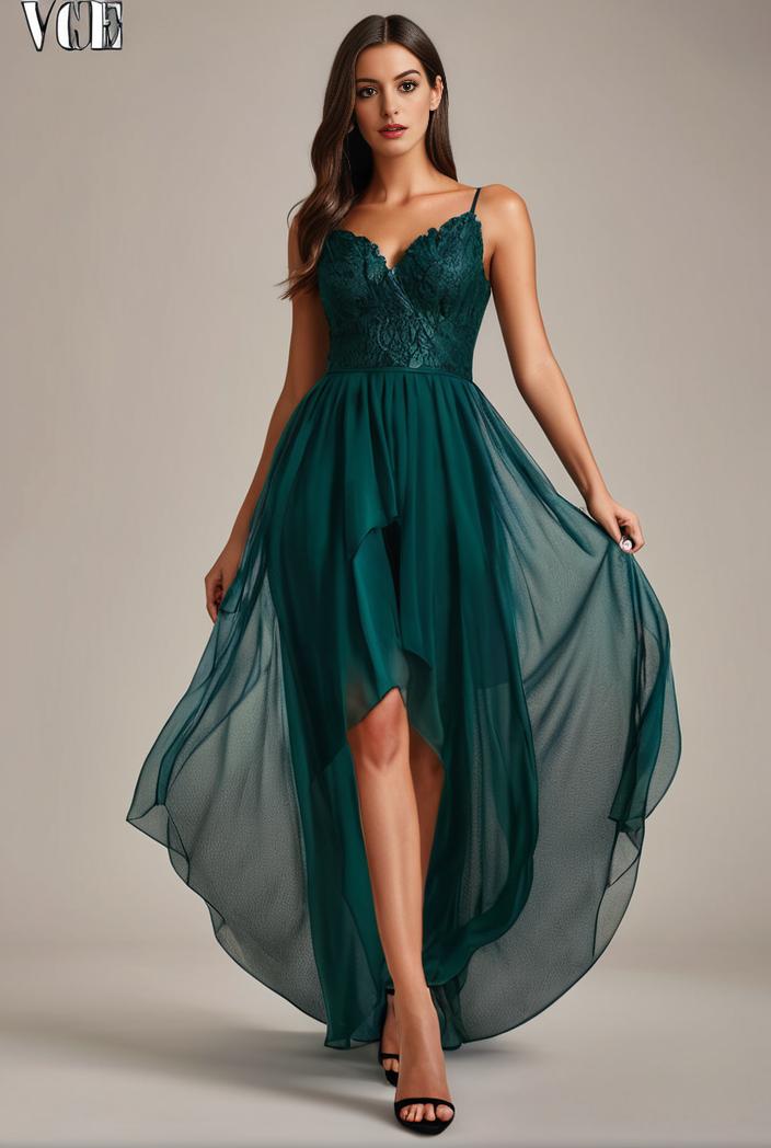 sequin bodice tulle high low evening dress with ribbon waist 146769