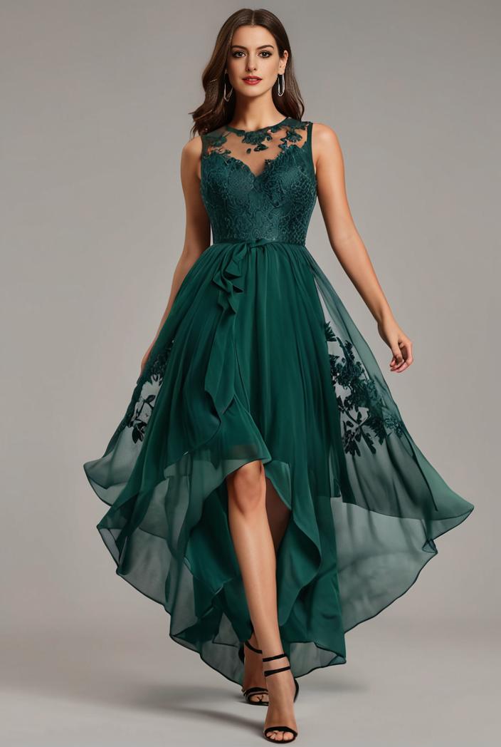 sequin bodice tulle high low evening dress with ribbon waist 146770