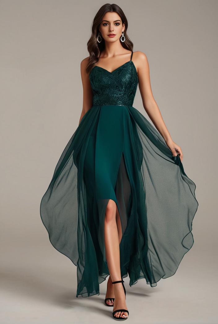 sequin bodice tulle high low evening dress with ribbon waist 146771