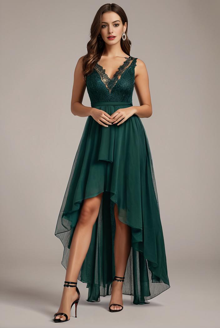 sequin bodice tulle high low evening dress with ribbon waist 146781