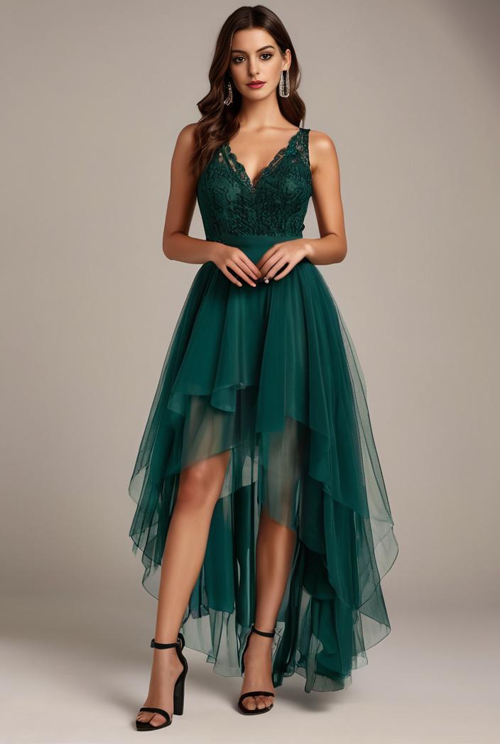 sequin bodice tulle high low evening dress with ribbon waist 146782