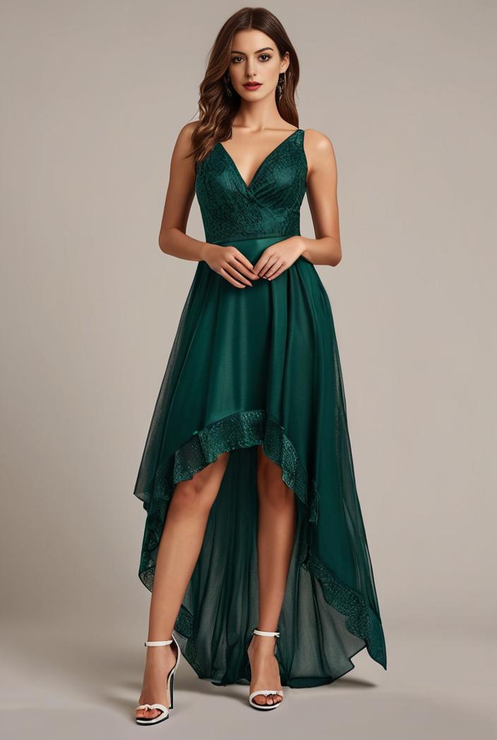sequin bodice tulle high low evening dress with ribbon waist 146783