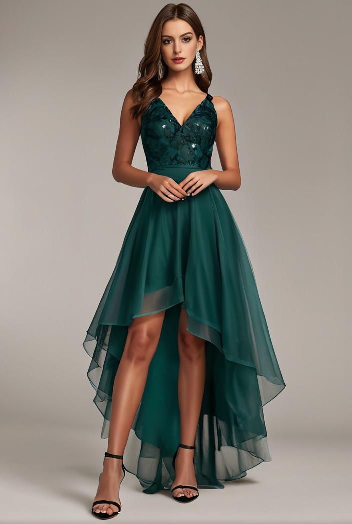 sequin bodice tulle high low evening dress with ribbon waist 146784
