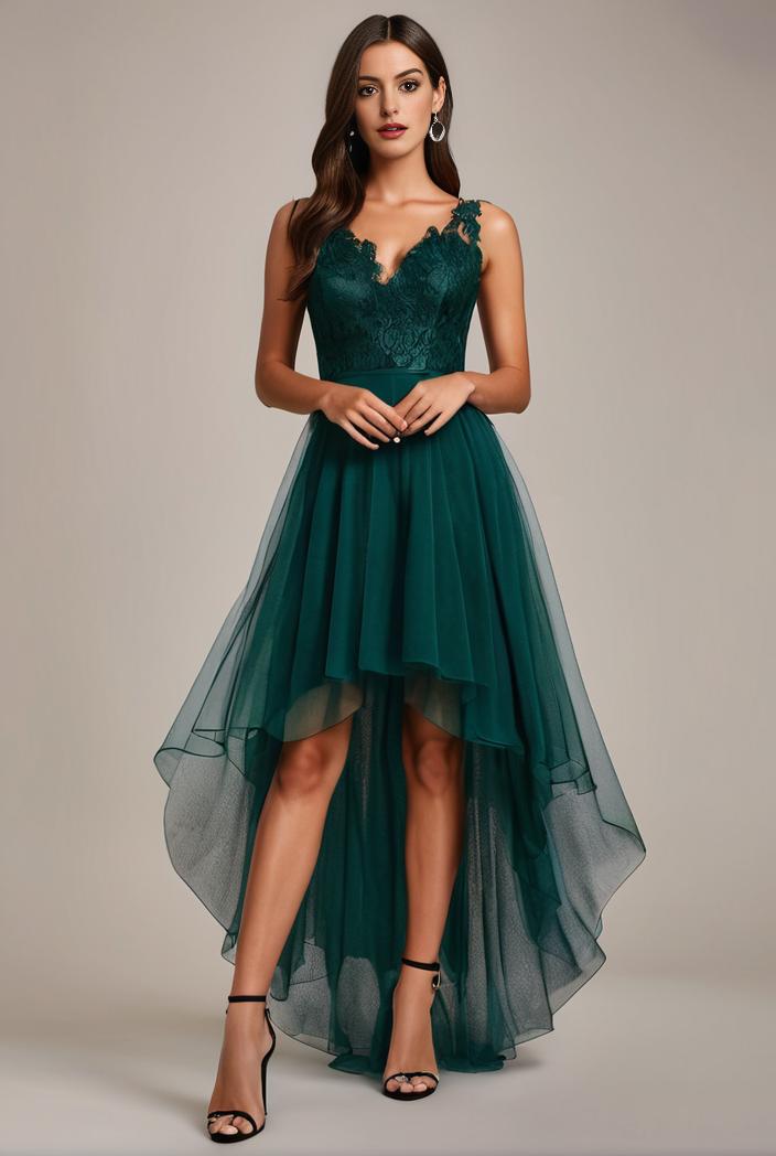 sequin bodice tulle high low evening dress with ribbon waist 146785
