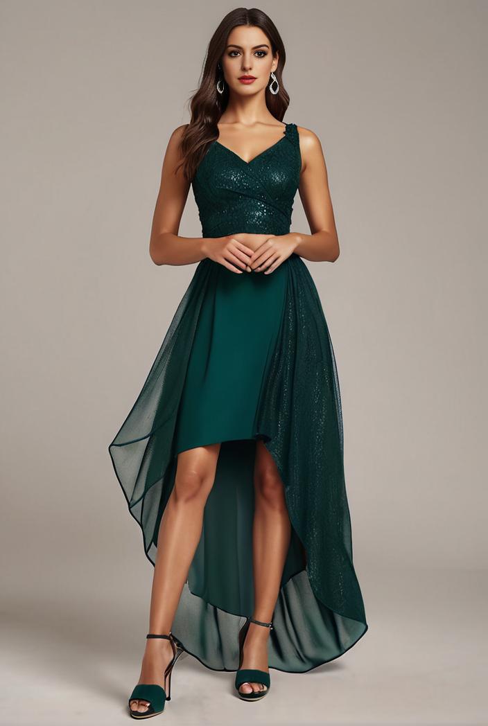 sequin bodice tulle high low evening dress with ribbon waist 146788