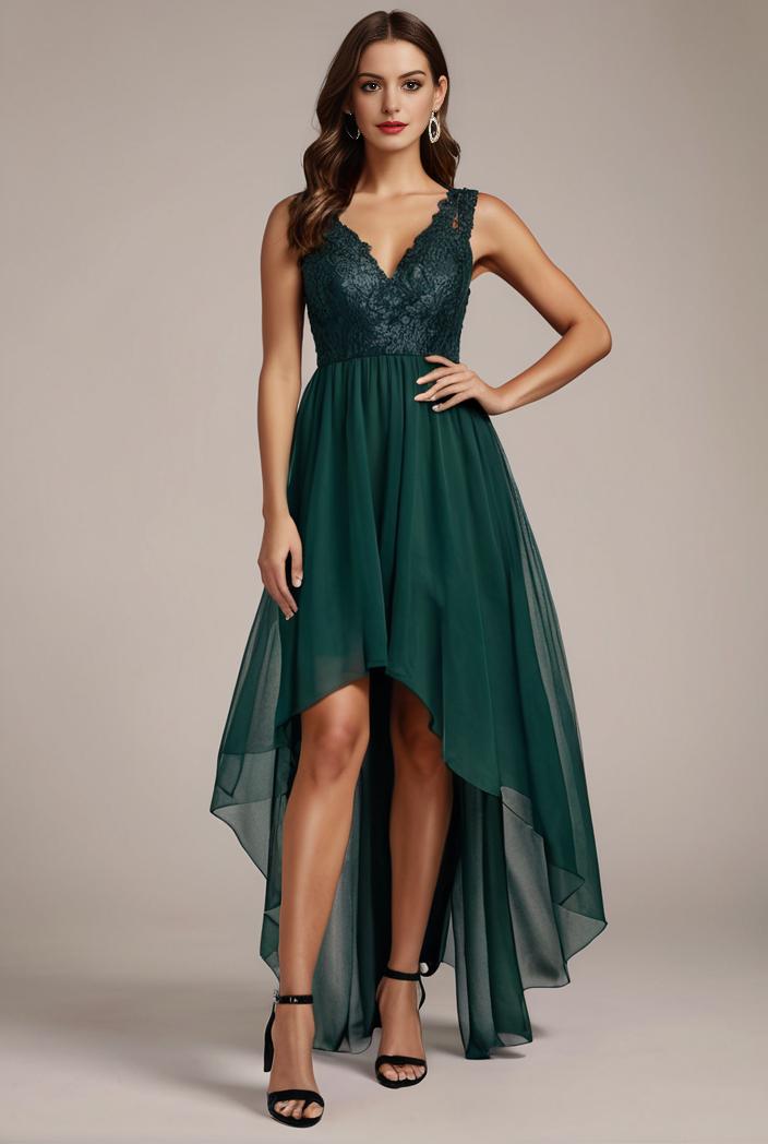 sequin bodice tulle high low evening dress with ribbon waist 146797
