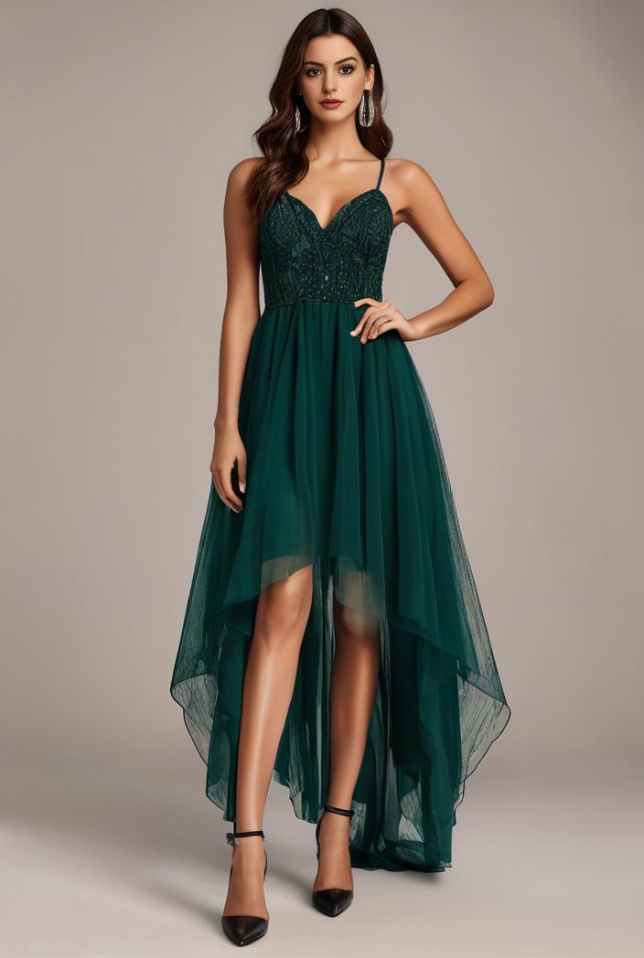 sequin bodice tulle high low evening dress with ribbon waist 146798