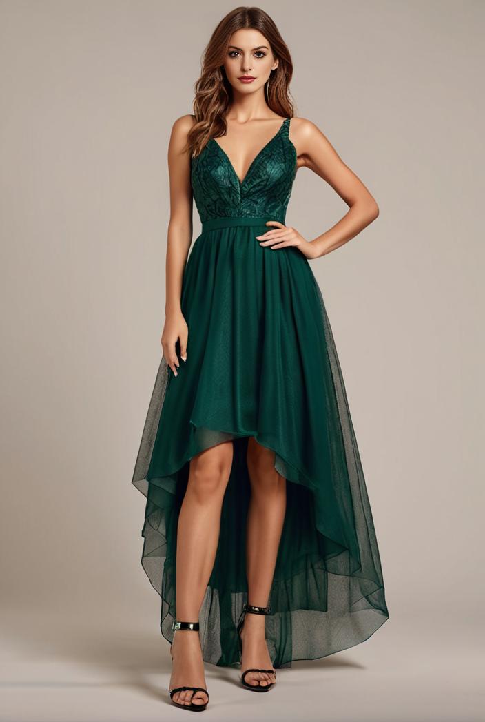 sequin bodice tulle high low evening dress with ribbon waist 146799