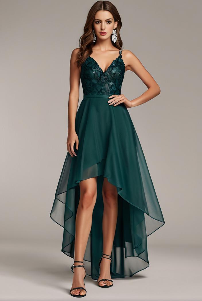 sequin bodice tulle high low evening dress with ribbon waist 146800