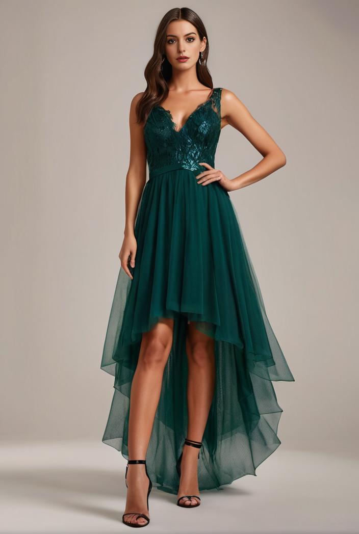 sequin bodice tulle high low evening dress with ribbon waist 146801