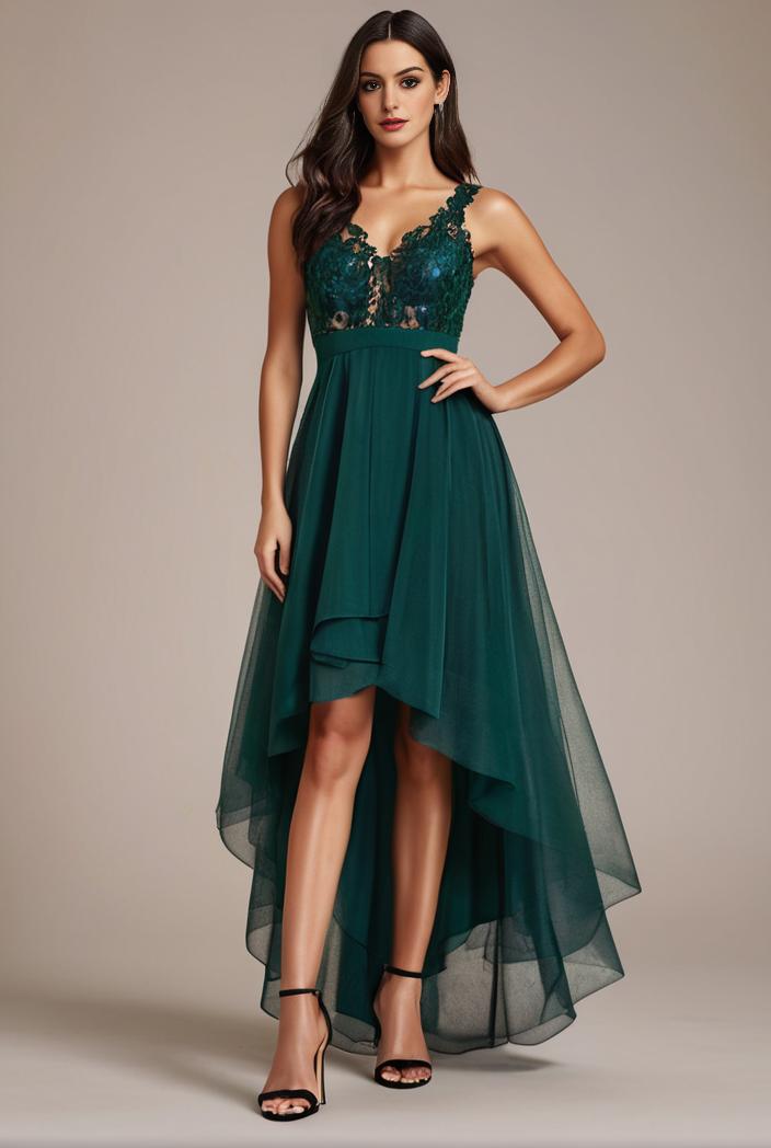 sequin bodice tulle high low evening dress with ribbon waist 146802