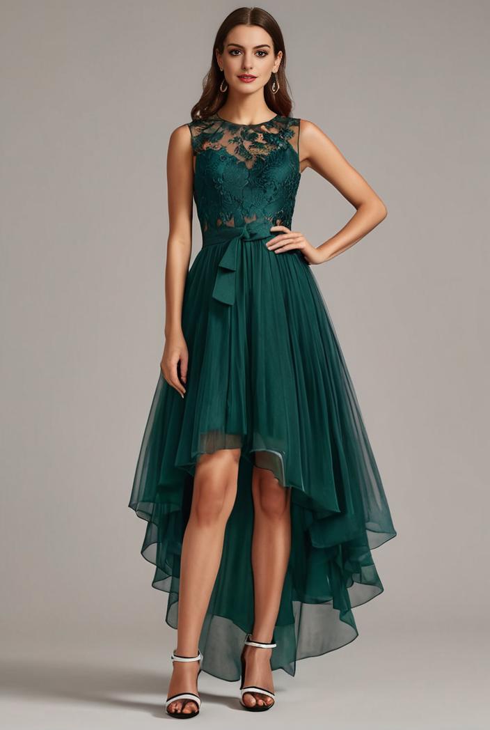 sequin bodice tulle high low evening dress with ribbon waist 146803
