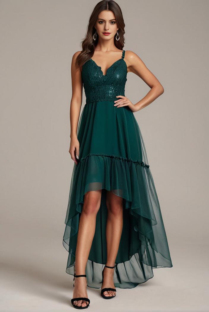 sequin bodice tulle high low evening dress with ribbon waist 146805