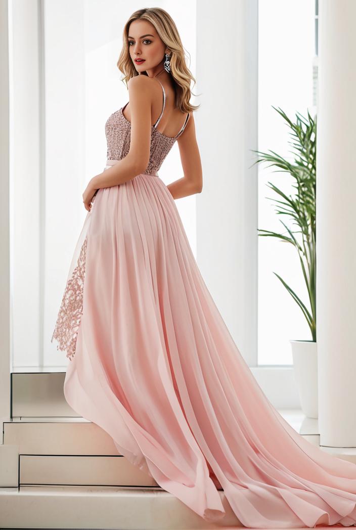 sequin bodice tulle high low evening dress with ribbon waist 146813