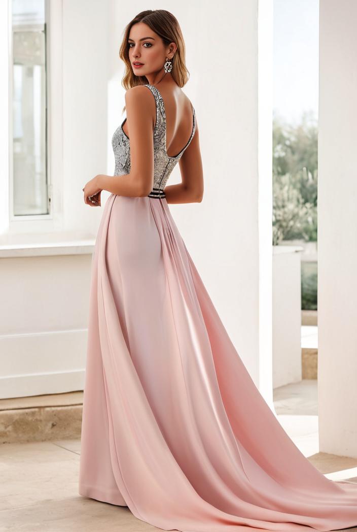 sequin bodice tulle high low evening dress with ribbon waist 146814