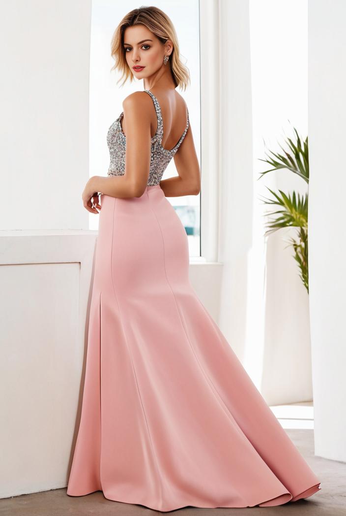 sequin bodice tulle high low evening dress with ribbon waist 146815