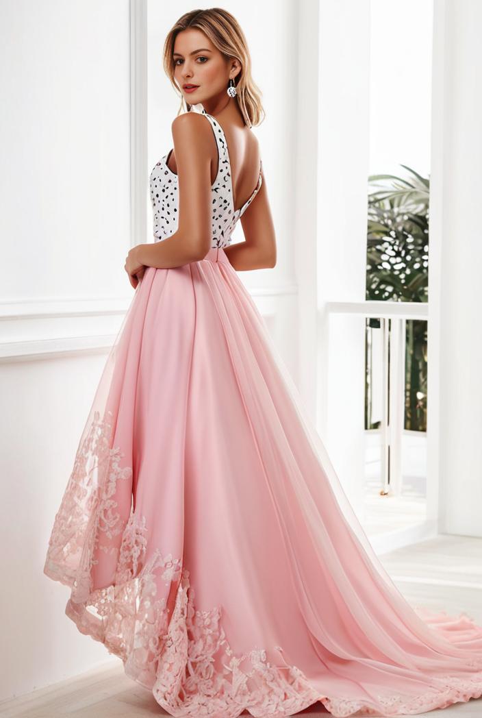 sequin bodice tulle high low evening dress with ribbon waist 146816