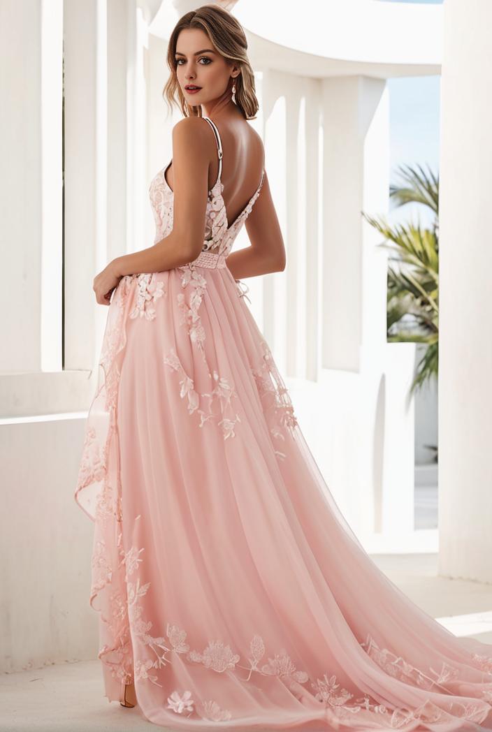 sequin bodice tulle high low evening dress with ribbon waist 146818