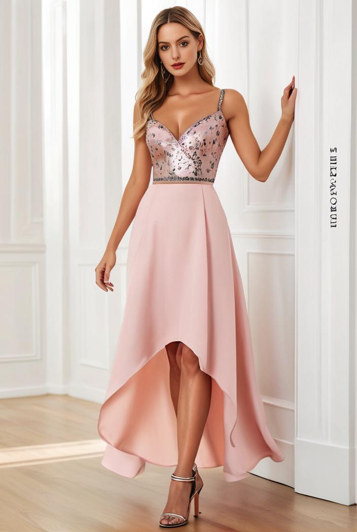 sequin bodice tulle high low evening dress with ribbon waist 146825
