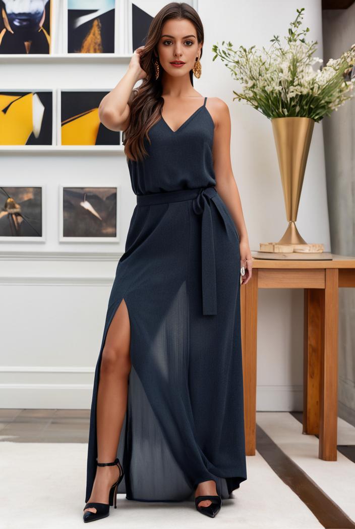 spaghetti strap 2 in 1 sheer evening dress 149967