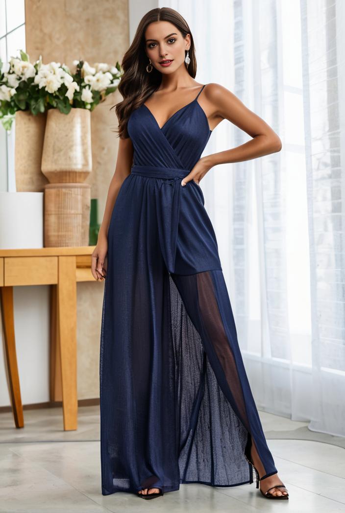 spaghetti strap 2 in 1 sheer evening dress 149981