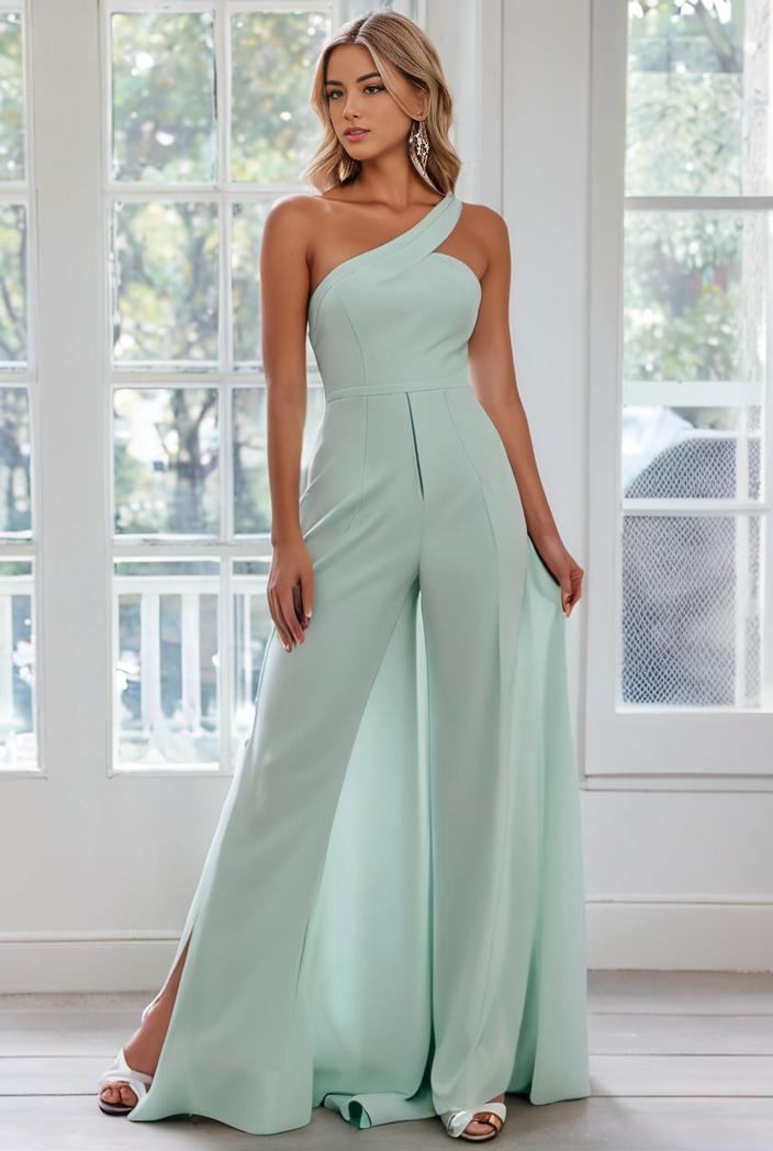 flowy chiffon one shoulder with three straps bridesmaid dress 115404