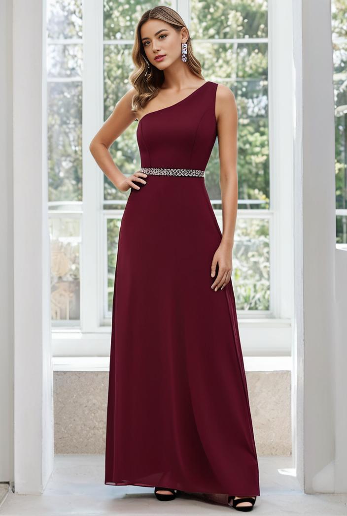 flowy chiffon one shoulder with three straps bridesmaid dress 115444