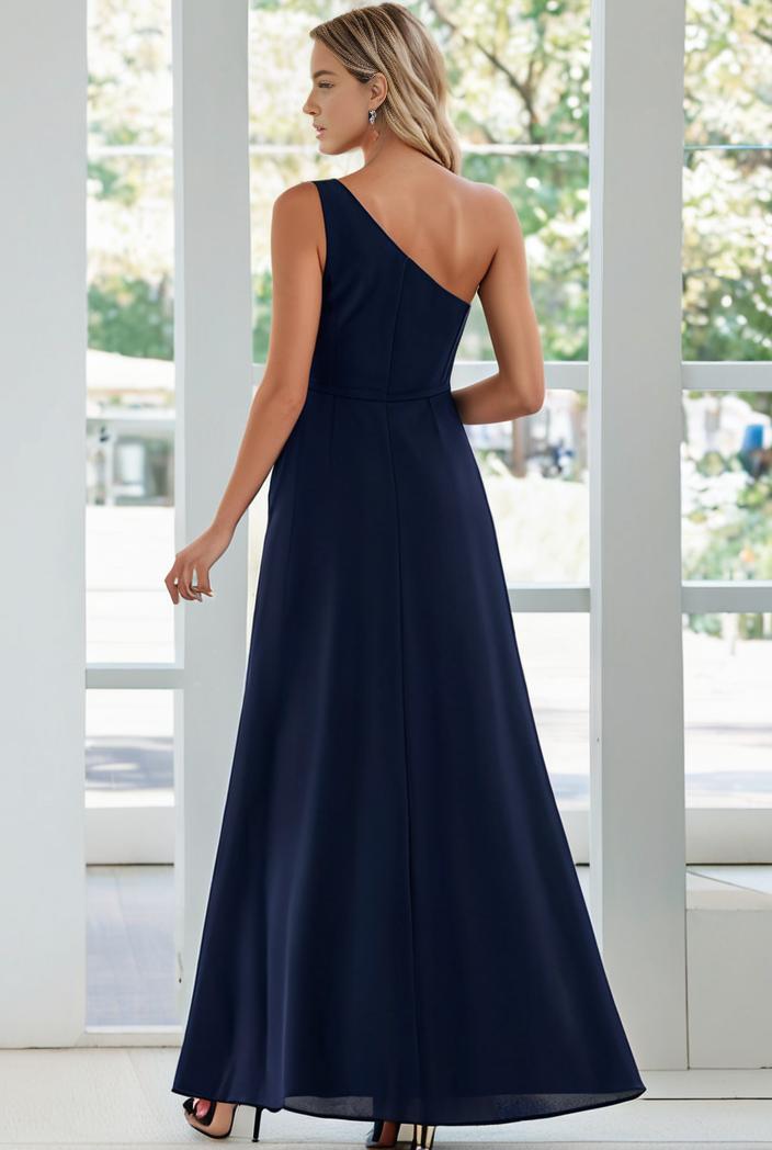 flowy chiffon one shoulder with three straps bridesmaid dress 115448