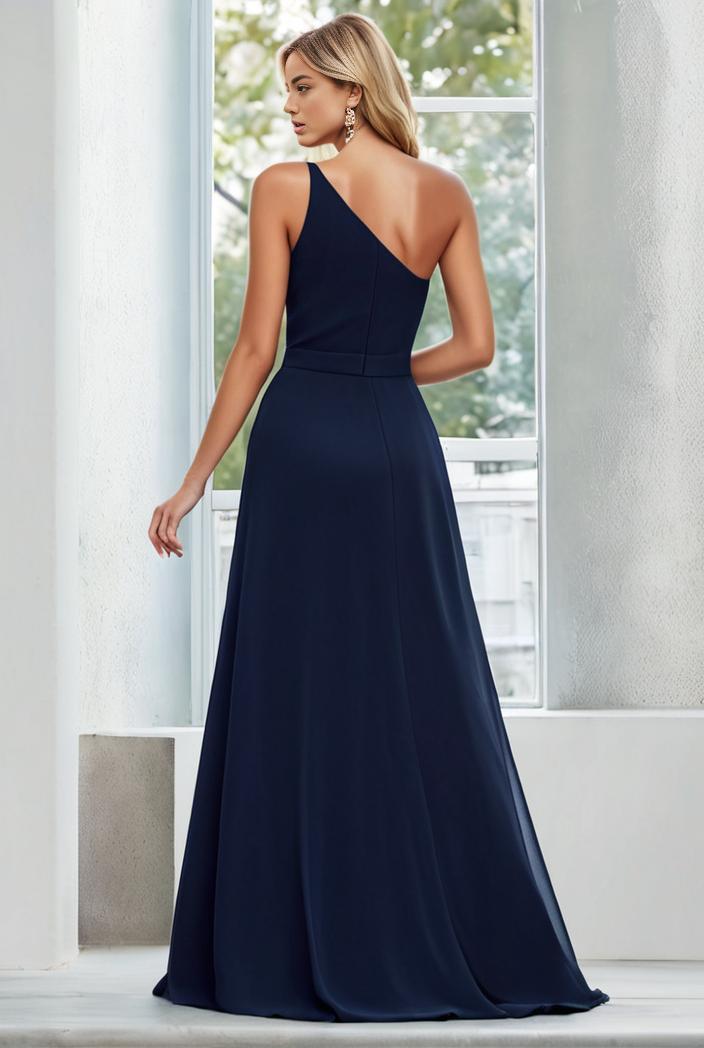 flowy chiffon one shoulder with three straps bridesmaid dress 115451