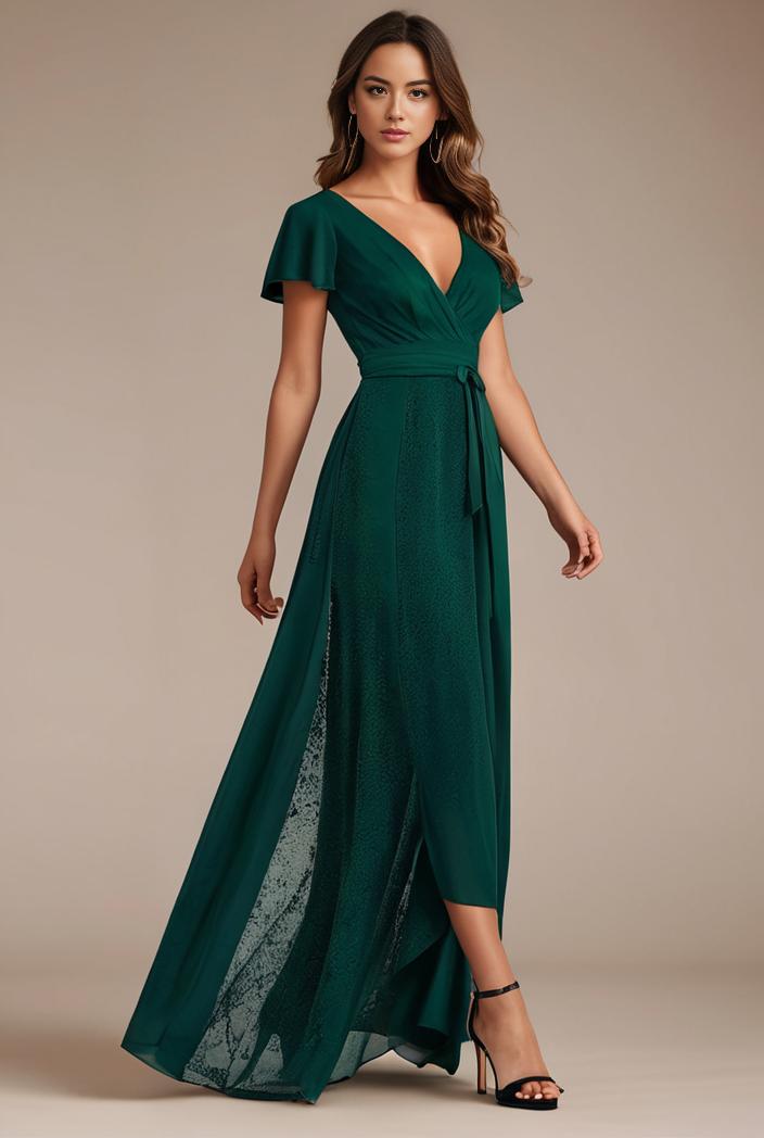 glitter high low front side slit ruffled v neck evening dress 115640